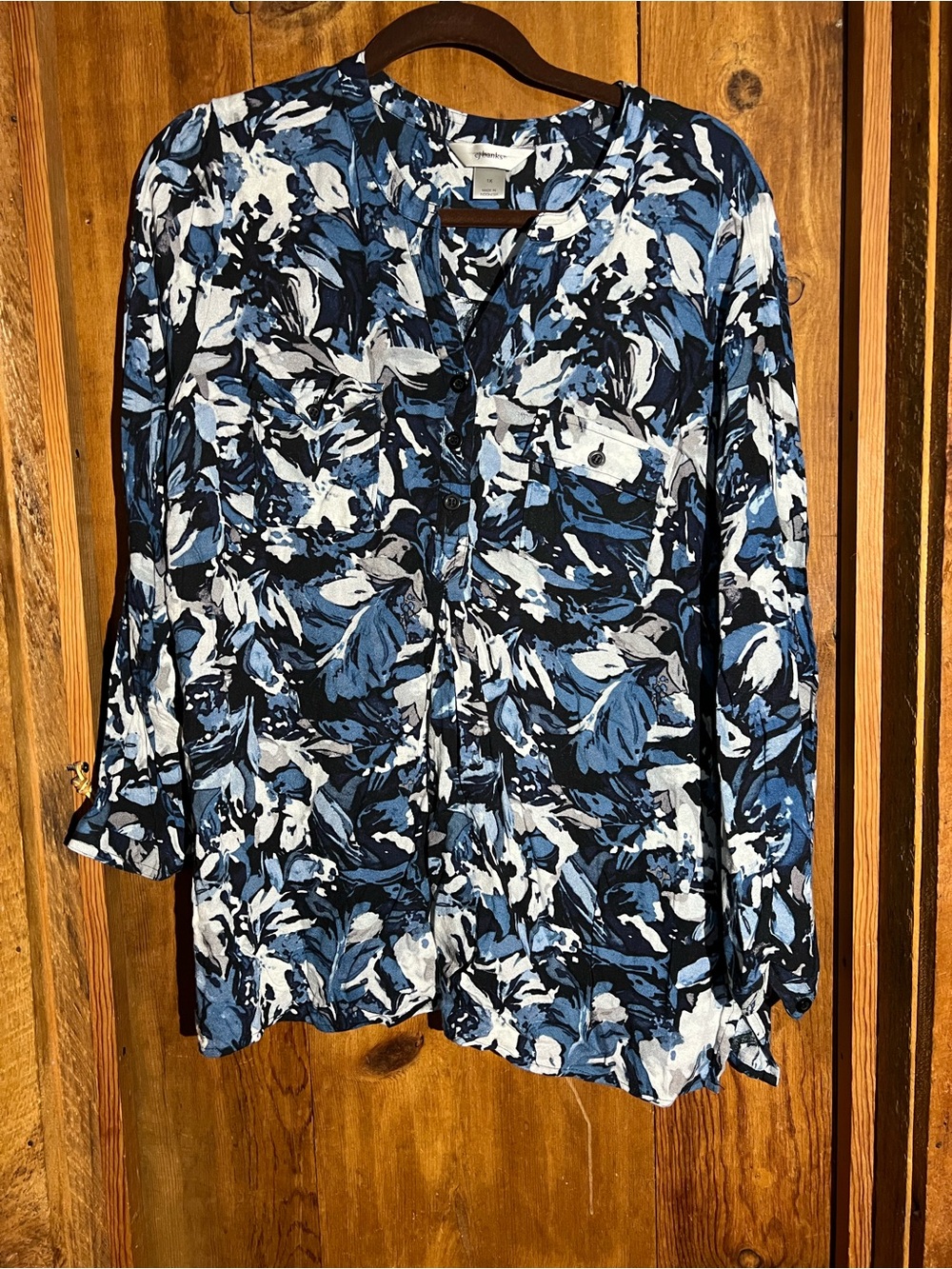 CJ Banks Blue and White Abstract Floral Henley Blouse